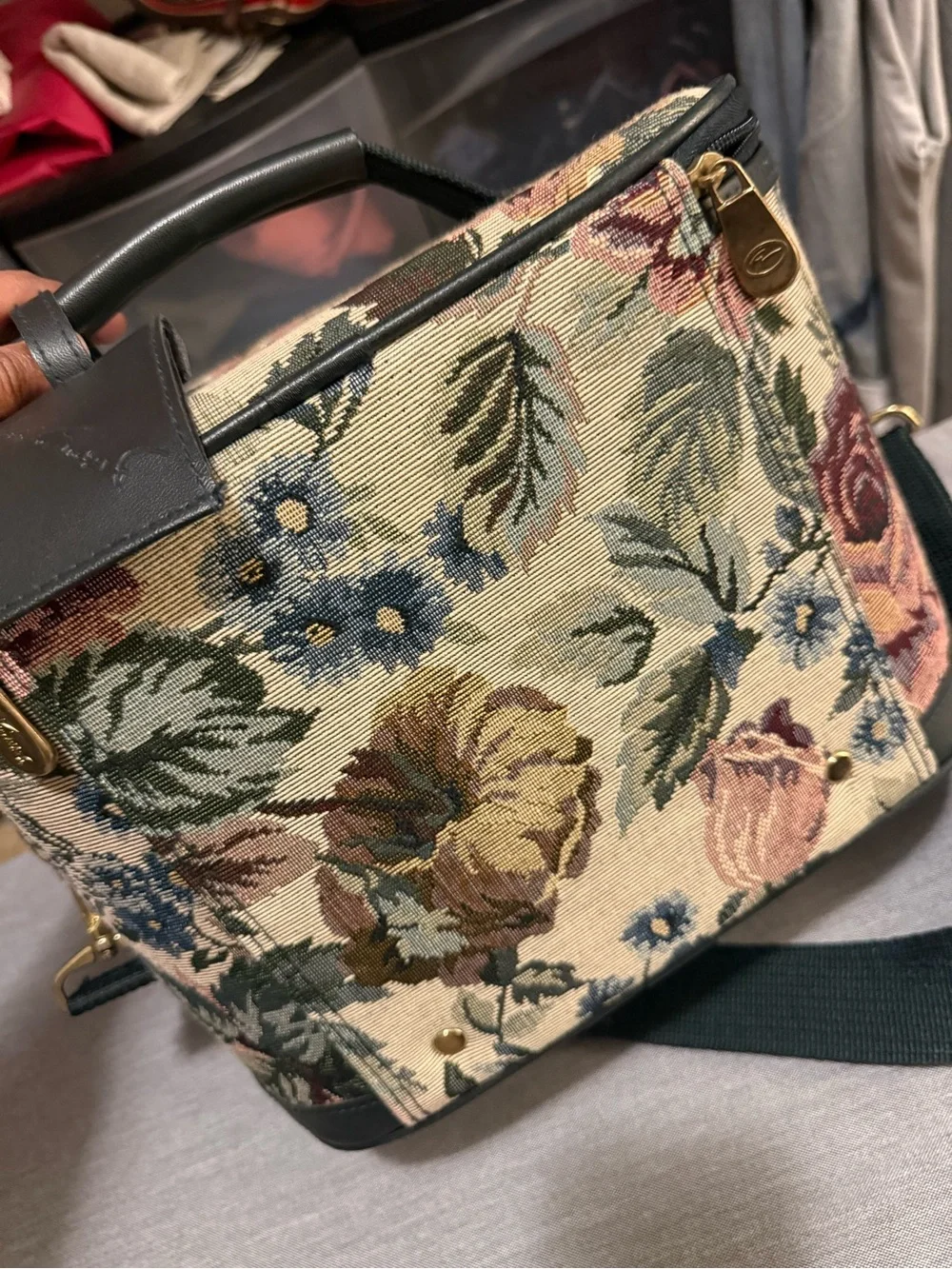 Gloria Vanderbilt Floral Tapestry Vanity Bag with Black Trim